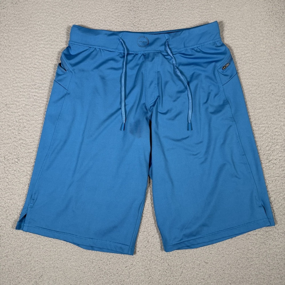 Hylete Shorts Mens Medium Long Blue Elastic Waist Drawstring Running Gym Workout